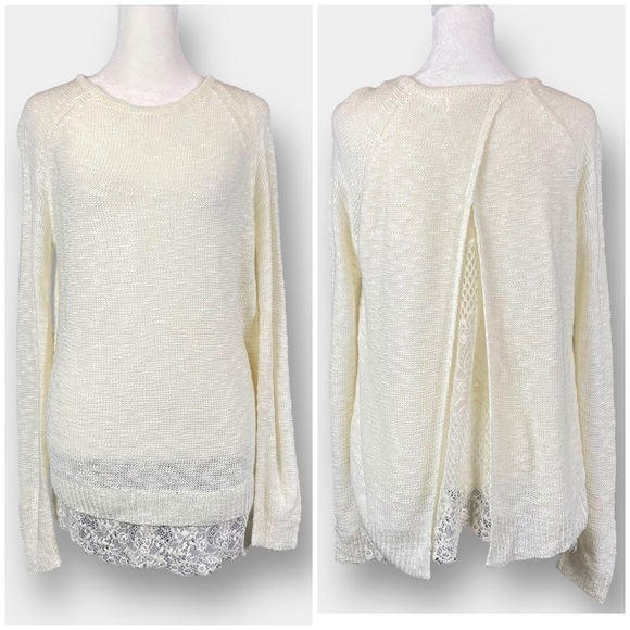 Lace Back Vented Sweater Long Sleeve Cream Size Large - Picture 1 of 8